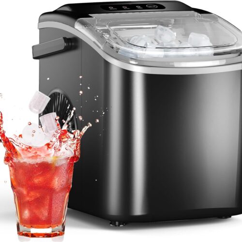 Ice Maker Countertop. Efficient Easy Carry Ice Machine. Self-Cleaning Ice Maker with Ice Scoop & Basket. 9pcs/ 8mins 26.6Lbs Per Day for Home/Office/Kitchen.Black