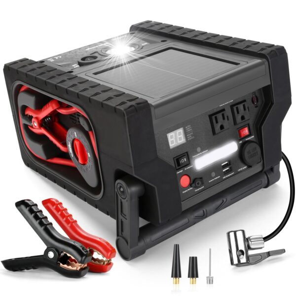 6B68D744-6E04-1F18-4D38-526D57BED589.jpg Solar Portable Power Station 2000 Amps Jump Starter. 260 PSI Air Compressor. 12V Car Battery Charger with 400W Inverter Dual AC/DC/USB Output. Emergency Backup Power with Flashlights