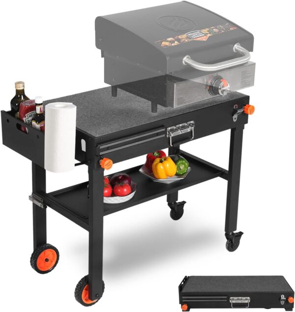 74B34FB2-D1F9-02CA-DBE9-49DB22F30B70.jpg Portable Outdoor Grill Table. Folding Grill Cart Solid and Sturdy. Blackstone Griddle Stand Large Space. Blackstone Table with Paper Towel Holder. Grill Stand for Blackstone Griddle. Ninja Grills etc