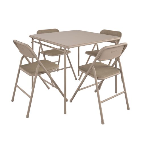 5-Piece Folding Dining Set with Card Table and 4 Fabric Padded Chairs. Tan