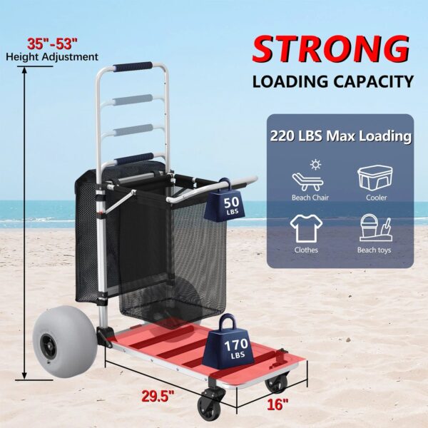 GDLF Foldable Beach Cart with Adjustable Handle and 12" Balloon Wheels. Heavy Duty Aluminum 220LBS Capacity
