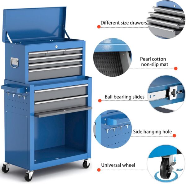 7719D151-DE45-7DDF-452E-0088AB083CBE.jpg Tool Chest 8-Drawer | 42'' Large Rolling Tool Chest with Wheels | Detachable Top Metal Tool Box | Garage Storage Cabinet for Repair Room.Warehouse | Rolling Tool Box with Hooks.Liners.Tray Divider