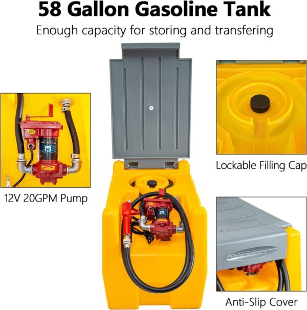 78EC8EF3-C951-87EA-D22E-29DD315578FA.jpg TECSPACE 58 Gallon Gasoline Tank. Portable Fuel Tank with 12V Electric Fuel Transfer Pump. 40 GPM Gasoline Fuel Tank with 4 Meters Hose for Gasoline Transportation (Yellow. 58 gal)