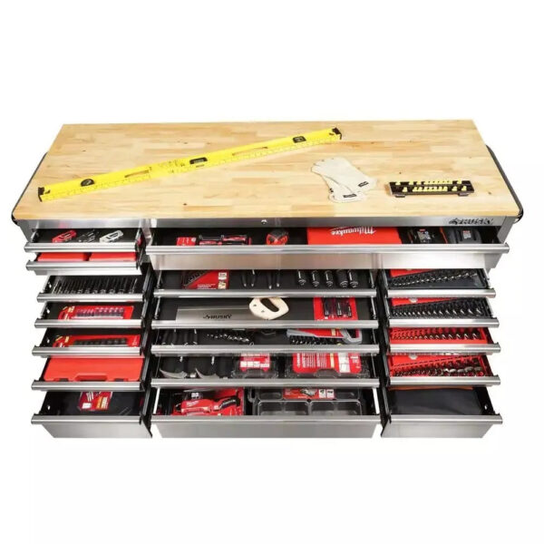 78c28535c5fa42e4aa9d15245e31c716 72 in 18-Drawer 24 in. D Mobile Workbench with Solid Wood Top Stainless Steel