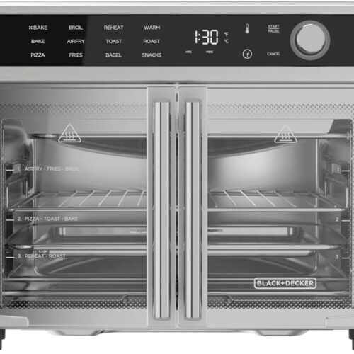Crisp 'N Bake Air Fryer Toaster Oven Combo. 12 in 1 Countertop Convection Oven Cooks Food Fast. Fits a Whole Pizza or 6 Toast Slices. French Doors with Stainless Steel Finish