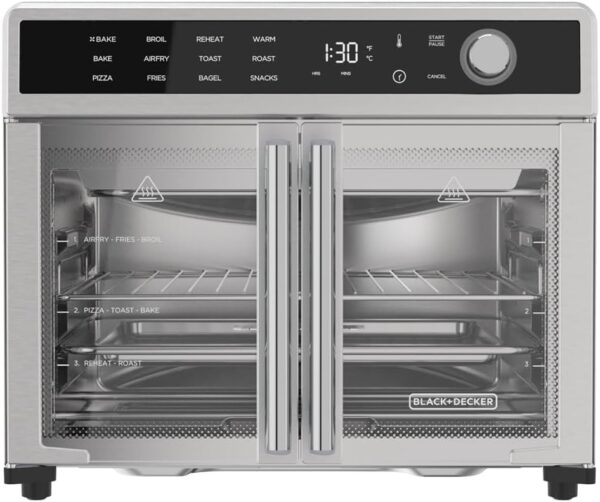 790C7616-30A1-BD1B-D68E-2FE99619203B.jpg Crisp 'N Bake Air Fryer Toaster Oven Combo. 12 in 1 Countertop Convection Oven Cooks Food Fast. Fits a Whole Pizza or 6 Toast Slices. French Doors with Stainless Steel Finish