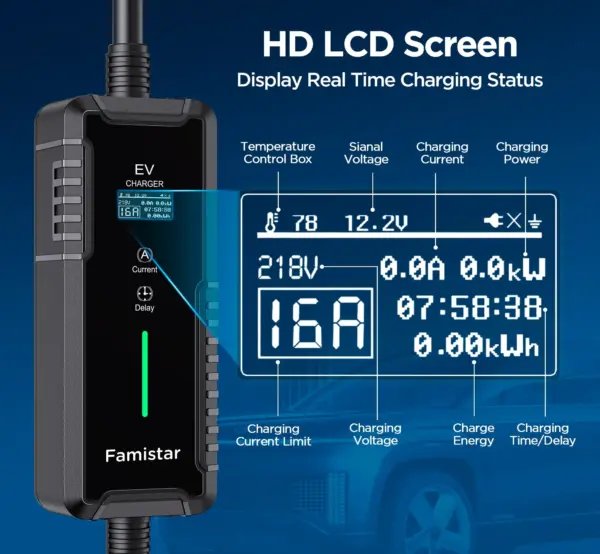 7C3E6417-1FE3-55C1-57F4-4E22CF843A1C.webp Level 2 & Level 1 EV Charger. 16Amp 110-240V Portable J1772 Electric Car Charger with Adjustable Amp Delayed Timer 25ft Long Cord