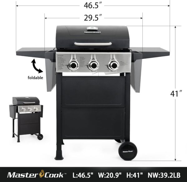MASTER COOK 3 Burner BBQ Propane Gas Grill. Stainless Steel 30.000 BTU Patio Garden Barbecue Grill with Two Foldable Shelves