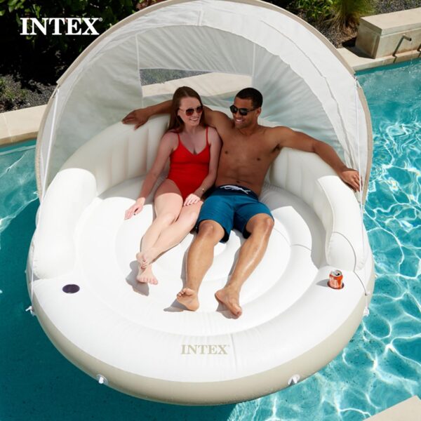 7CC63278-725F-8D82-638B-FD9485920CB1.jpg 58292EP Canopy Island Inflatable Pool Float: Comfortable Lounge Surface – Built-in Cup Holders – Detachable Sunshade – 440lb Max Weight Capacity – 78.5" x 59"