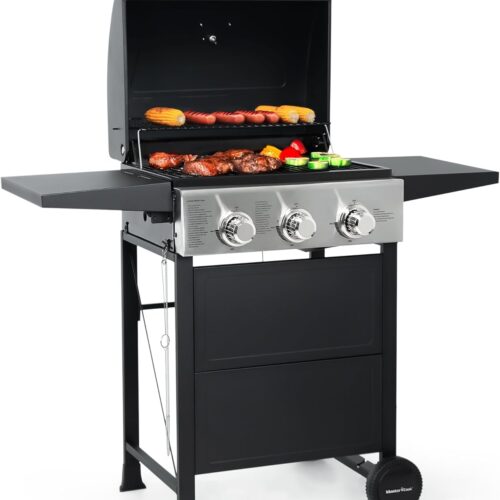 MASTER COOK 3 Burner BBQ Propane Gas Grill. Stainless Steel 30.000 BTU Patio Garden Barbecue Grill with Two Foldable Shelves