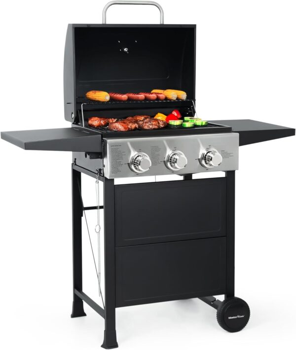 MASTER COOK 3 Burner BBQ Propane Gas Grill. Stainless Steel 30.000 BTU Patio Garden Barbecue Grill with Two Foldable Shelves