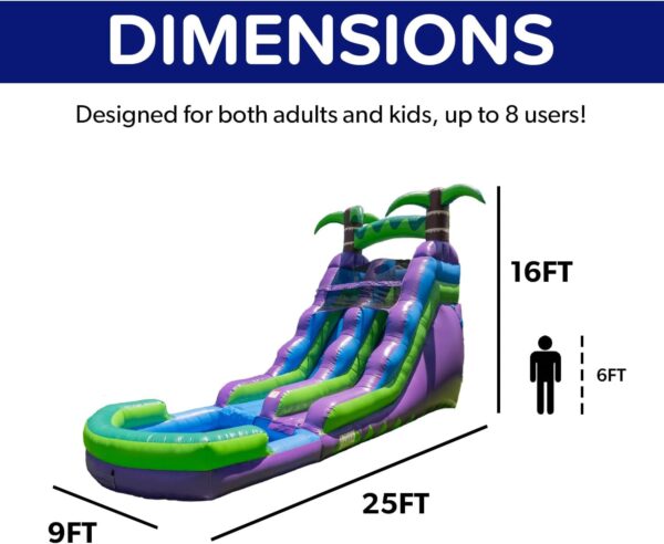 88658648b92c4d41a0afb9f52f66721b 16’ Purple Tropical Lightweight Premium Commercial Grade Water Slide Inflatable with Attached Pool for Kids and Adults (with Blower), Wet Dry Use, Summer Fun