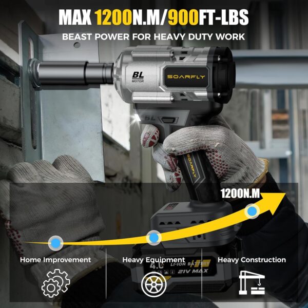 Cordless Impact Wrench. 1200Nm(900ft-lbs) High Torque 1/2'' Impact Wrench. 21V Brushless Electric Impact Gun with 2Pcs 4.0Ah Batteries. 1 Hour Fast Charger. 5 Sockets. Power Impact Driver for Car Home