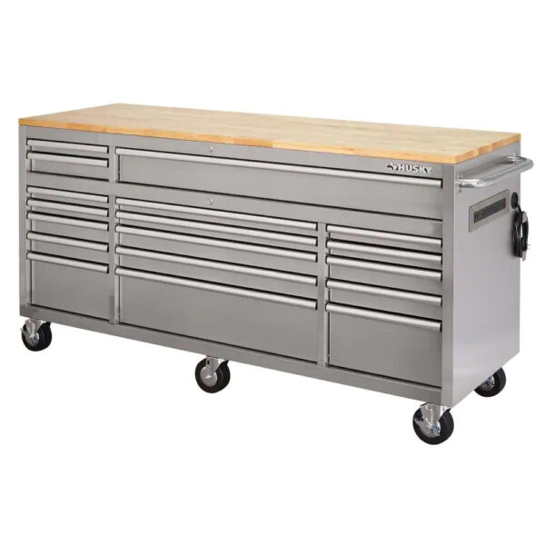 8fb472b483e7474ca6488df0db9f46c3 72 in 18-Drawer 24 in. D Mobile Workbench with Solid Wood Top Stainless Steel