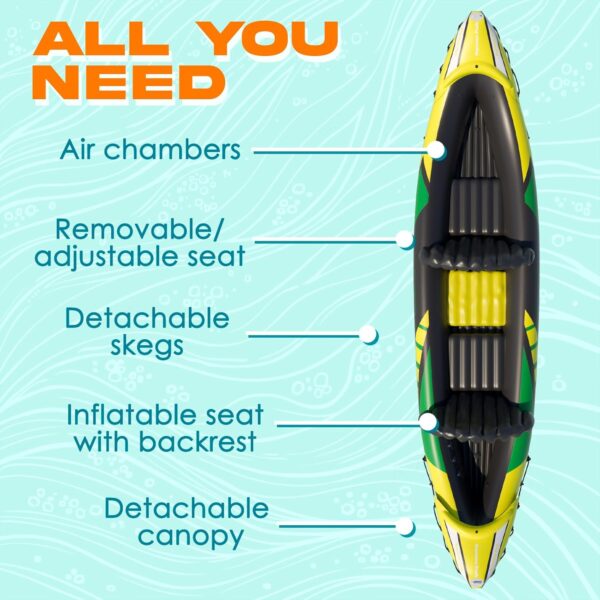 9336060D-28FA-570E-93AF-FD16F95235F6.jpg KP Inflatable Kayak 2 Person with Sun Canopy (Detachable) + Kayaks for Adults + 3rd Seat for Dog/Child + Waterproof Phone Bags + Adjustable Seats + Kayak + Backrests & More + New 2024 + Yellow Green