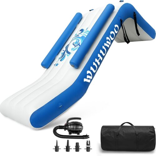 Pontoon Waterfall Slide. Inflatable Pontoon Boat Water Slide for Kids Backyard Pool Sea. Electric Air Pump & Storage Bag
