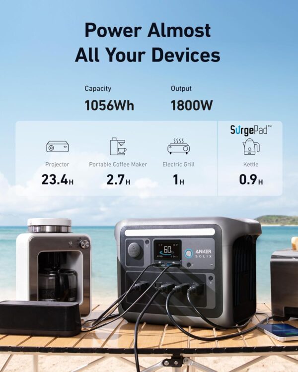 9CE389EC-3164-F655-FB43-D71EE834655E.jpg Anker SOLIX C1000 Portable Power Station with 200W Solar Panel. 1800W Solar Generator. 1056wh LFP (LiFePO4) Battery. 6 AC Outlets. Up to 2400W for Home. Power Outages. and Outdoor Camping