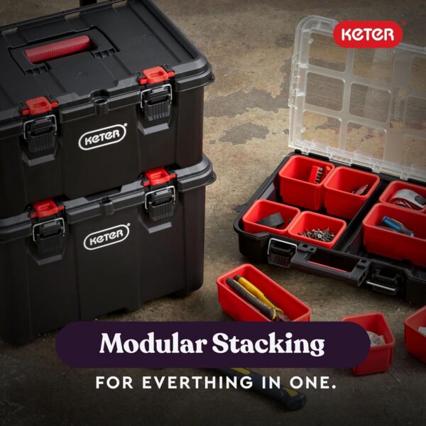 9D3C9A19-35E8-2D03-58F2-55CB0C626533.jpg Keter Stack-n-Roll Modular Tools Organizer for Garage Storage and DIY. 3 Piece Resin Rolling Tool Box System for Small Parts
