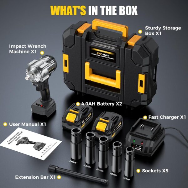 Cordless Impact Wrench. 1200Nm(900ft-lbs) High Torque 1/2'' Impact Wrench. 21V Brushless Electric Impact Gun with 2Pcs 4.0Ah Batteries. 1 Hour Fast Charger. 5 Sockets. Power Impact Driver for Car Home