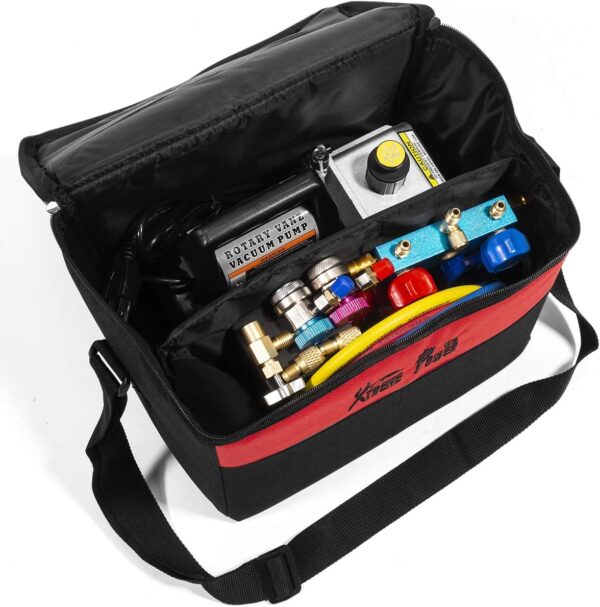 A3BD9DF5-9525-9B98-D014-E1105CB9AD79.jpg Premium 4CFM Air Vacuum Pump HVAC A/C Refrigeration Kit AC Manifold Gauge Case Set R134a Tap w/Leak Detector and Carrying Tote Bag