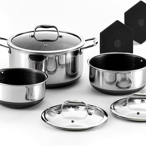 HexClad Hybrid Nonstick 6-Piece Pot Set with 2 Silicone Trivets. 2. 3. and 8-Quart Pots with Tempered Glass Lids. Stay-Cool Handles. Dishwasher-Friendly. Induction-Ready. Compatible with All Cooktops