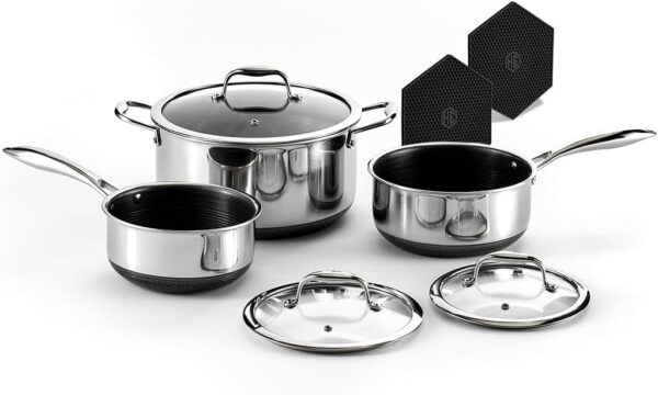 A6B611BE-87EC-DB14-4ECE-120441059AF8.jpg HexClad Hybrid Nonstick 6-Piece Pot Set with 2 Silicone Trivets. 2. 3. and 8-Quart Pots with Tempered Glass Lids. Stay-Cool Handles. Dishwasher-Friendly. Induction-Ready. Compatible with All Cooktops