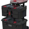 Keter Stack-n-Roll Modular Tools Organizer for Garage Storage and DIY. 3 Piece Resin Rolling Tool Box System for Small Parts