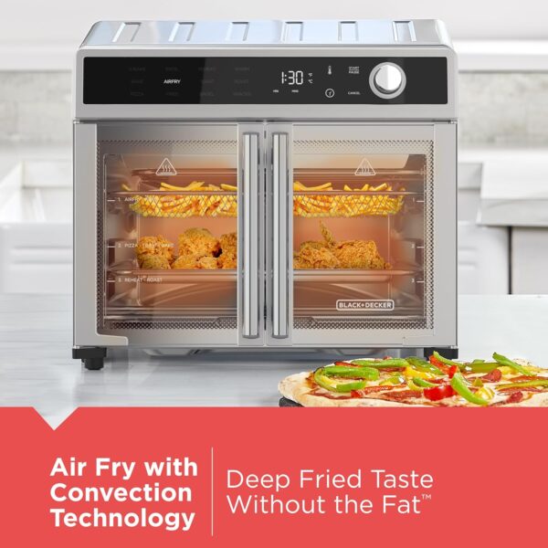 A8E5B9CF-9F82-3227-E85C-F5DCB73DF17B.jpg Crisp 'N Bake Air Fryer Toaster Oven Combo. 12 in 1 Countertop Convection Oven Cooks Food Fast. Fits a Whole Pizza or 6 Toast Slices. French Doors with Stainless Steel Finish
