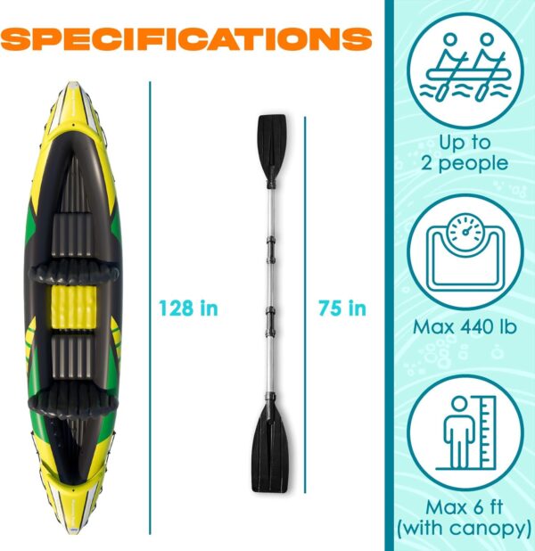 AD24A17D-5EF2-6FE5-23C8-67C9363E08BC.jpg KP Inflatable Kayak 2 Person with Sun Canopy (Detachable) + Kayaks for Adults + 3rd Seat for Dog/Child + Waterproof Phone Bags + Adjustable Seats + Kayak + Backrests & More + New 2024 + Yellow Green