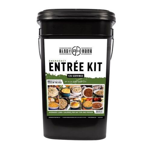 Ready Hour. Emergency Meal Entrées. Real Non-Perishable Meals. 25-Year Shelf Life. Portable Flood-Safe Container. 120 Servings