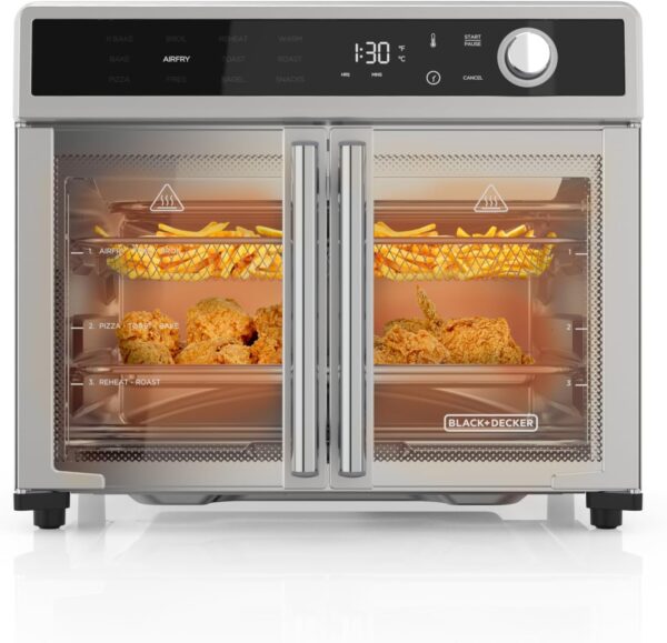 AFA6A076-23D0-E787-2BDB-70E34548CB22.jpg Crisp 'N Bake Air Fryer Toaster Oven Combo. 12 in 1 Countertop Convection Oven Cooks Food Fast. Fits a Whole Pizza or 6 Toast Slices. French Doors with Stainless Steel Finish