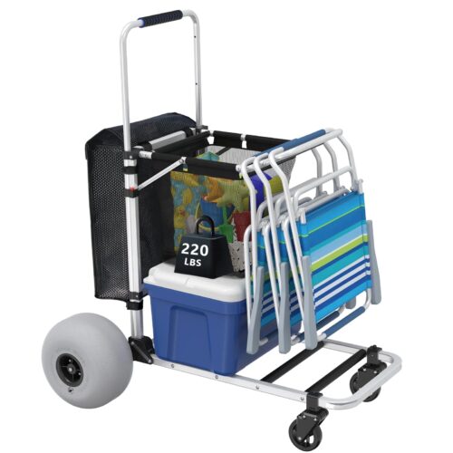 GDLF Foldable Beach Cart with Adjustable Handle and 12" Balloon Wheels. Heavy Duty Aluminum 220LBS Capacity