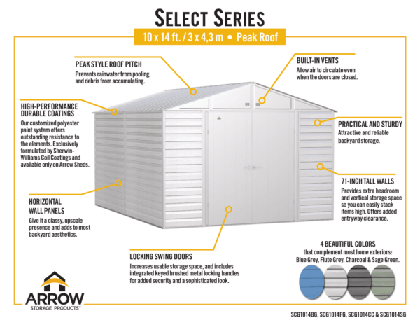 B157AB7F-035D-AD9F-947E-A57FF8171991 Arrow Select Steel Storage Shed, 10×14, Blue Grey