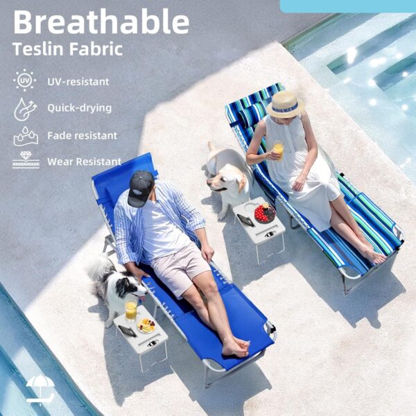 B5EF30EA-8DB9-3770-C798-7BFD5F97CBAF.jpg 3-in-1 Outdoor Sun Tanning Lounge Chair with Face Hole – 5-Position Recliner. Folding Side Table & Removable Pillow. 330lbs Capacity. Blue