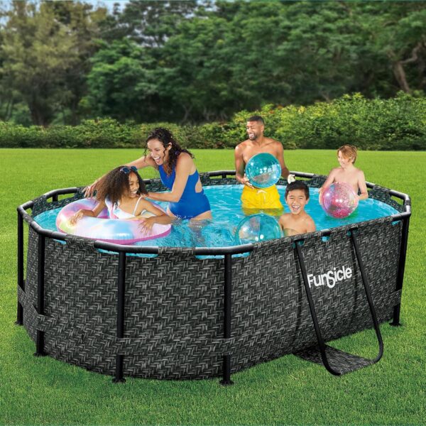 BEA1F4E1-B17D-A2CE-3589-114651EAB325.jpg Funsicle 167 by 98 by 39.5 Inches Oasis Designer Oval Frame Outdoor Above Ground Swimming Pool Pool Set with Accessories. Dark Herringbone Gray