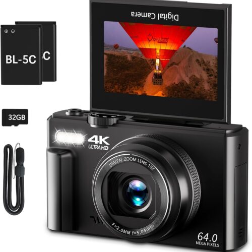 4K Digital Camera for Photography. 64MP Vlogging Camera for YouTube with 3" 180° Flip Screen. 18X Digital Zoom Point and Shoot Camara with 32GB Micro SD Card for Beginner (Black)