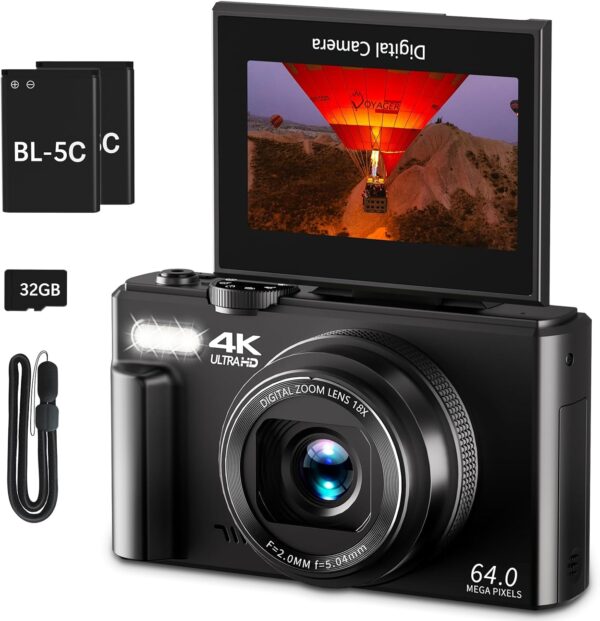 BEA3B44F-A037-27CC-D502-01C8FC30EE10.jpg 4K Digital Camera for Photography. 64MP Vlogging Camera for YouTube with 3" 180° Flip Screen. 18X Digital Zoom Point and Shoot Camara with 32GB Micro SD Card for Beginner (Black)