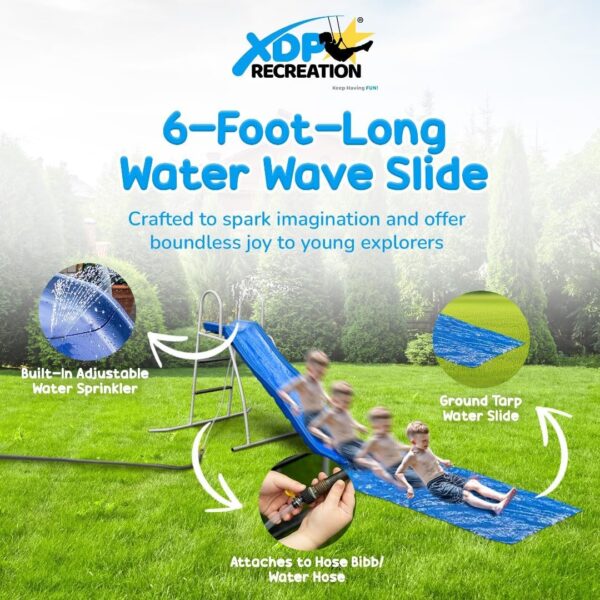 C0F7C5C4-B94D-E7AA-4EDF-428F865E7B3E.jpg XDP Recreation 6 Foot Water Wave Slide with Built In Adjustable Sprinkler. Freestanding with Ground Pad and Hose Extension for Lawn Fun. Ages 3 to 8