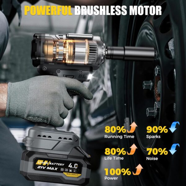 Cordless Impact Wrench. 1200Nm(900ft-lbs) High Torque 1/2'' Impact Wrench. 21V Brushless Electric Impact Gun with 2Pcs 4.0Ah Batteries. 1 Hour Fast Charger. 5 Sockets. Power Impact Driver for Car Home