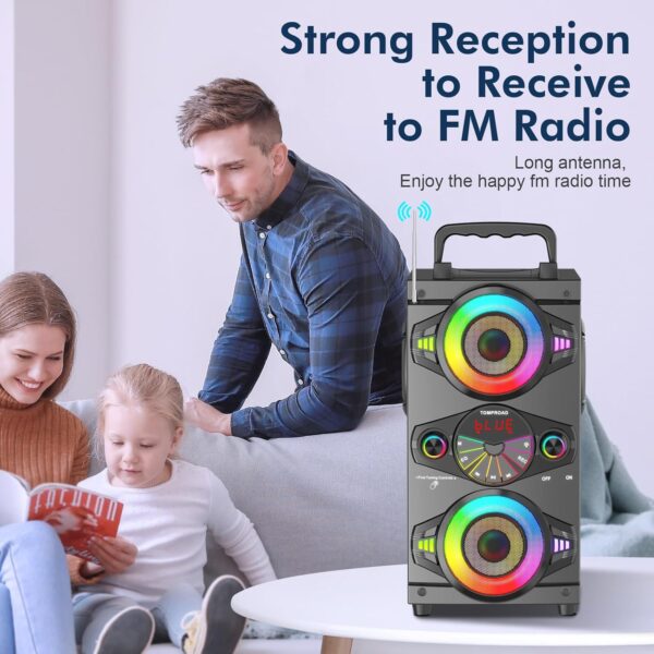 CA610C19-ADDD-ADCB-B84A-F04C632E3D1B.jpg Speakers. 60W Portable Wireless Loud Outdoor Home Party Bluetooth Speaker with Subwoofer. FM Radio. LED Colorful Lights. Microphone. Remote and Big Powerful Stereo Deep Bass Sound Boombox