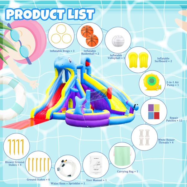 CAB97F9C-6F61-9348-8941-152495469194.jpg 11-in-1 Inflatable Water Slide & Dolphin Bounce House w/2 Long Slides. 19.7 Ft x 13.1 Ft Extra Large Waterslide Climbing Wall w/Small Deeper Pool.Water Cannons.Hoop for Kids Backyard.550W Blower