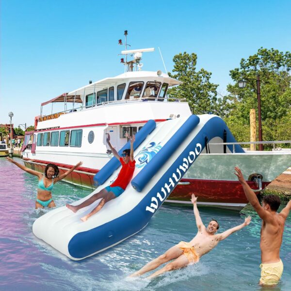 CDDF815F-6548-371E-3C31-0C0EE114945D.jpg Pontoon Waterfall Slide. Inflatable Pontoon Boat Water Slide for Kids Backyard Pool Sea. Electric Air Pump & Storage Bag