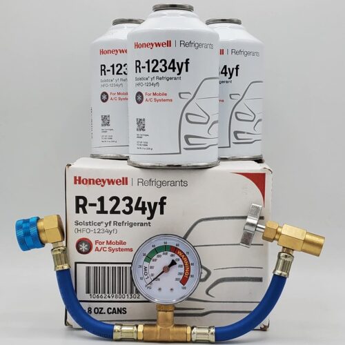 Genuine 8oz R1234YF Refrigerant (3 Freon Cans) & HD Brass Can Tap with Gauge-Honey Well