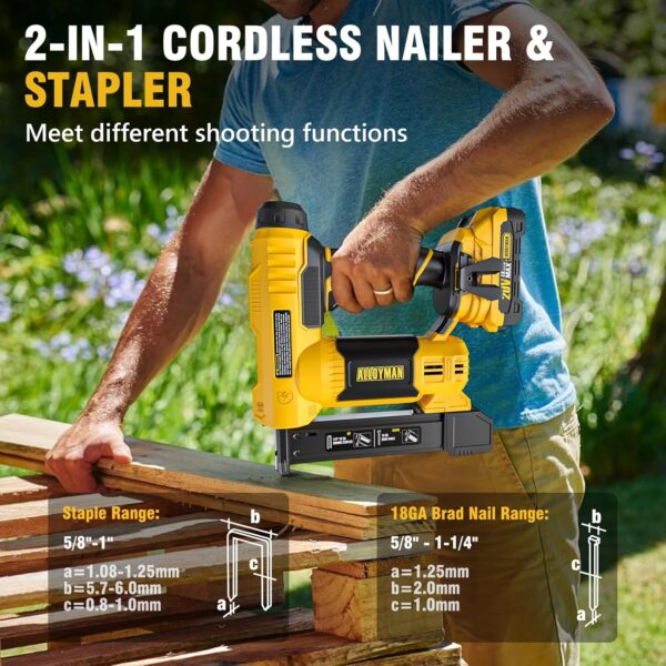 D1EB46C7-B79F-68D7-FF65-ECC81BFC0A8D.jpg Alloyman 18 Gauge Nail Gun Battery Powered. 2 in 1 Cordless Brad Nailer/Electric Stapler with 2.0Ah Battery and Charger.1000pcs Nails and 500pcs Staples Included for Home Improvement & Woodworking
