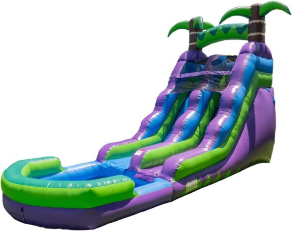 D1F961BF-690F-E669-8955-F3D1067888F9.jpg HeroKiddo 16' Purple Tropical Lightweight Premium Commercial Grade Water Slide Inflatable with Attached Pool for Kids and Adults (with Blower). Wet Dry Use. Summer Fun
