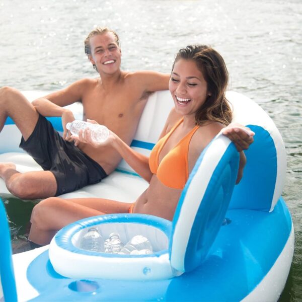 D2E96787-C2F2-5C0C-A9E9-CADE9A130203.jpg 56299EP 145 x 125 x 20 Inch Splash N Chill Inflatable Lake and Pool Relaxation Island Lounger Seat for up to 7 Adults. Blue and White