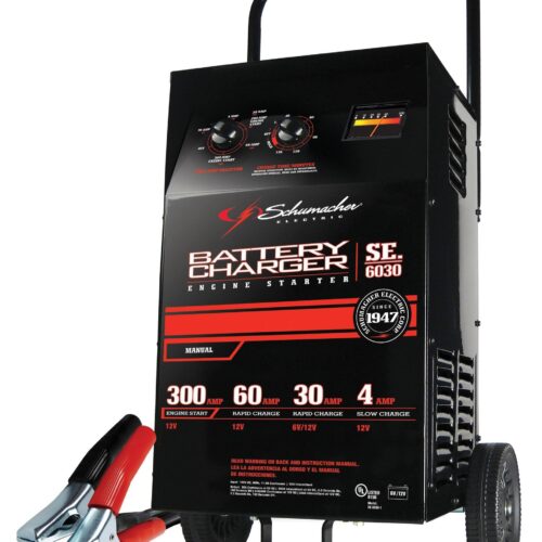 Schumacher Electric Wheeled Battery Charger and Engine Starter. SC1446. 2-in-1. manual timer control. 300 crank amps. 6 volts. 12 volts. for car. SUV. truck and Marine batteries