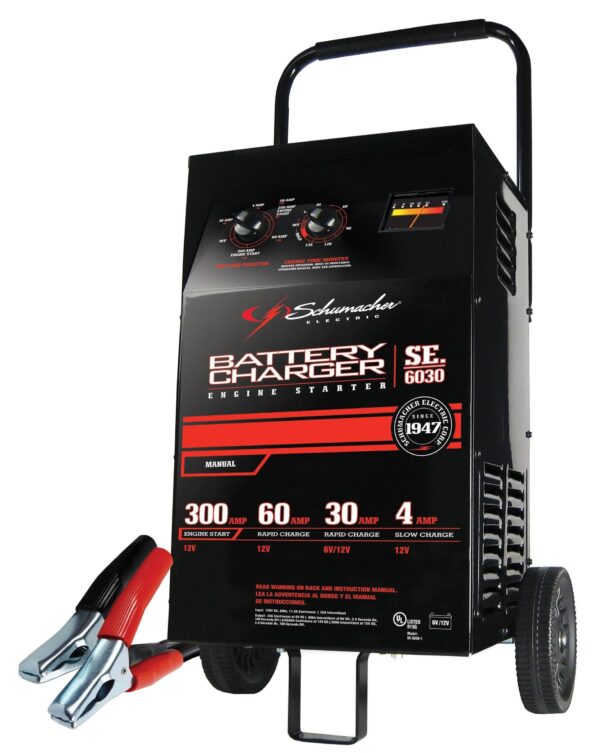 E7DE1364-9189-4AD0-A769-6FD0DABD51A6.jpg Schumacher Electric Wheeled Battery Charger and Engine Starter. SC1446. 2-in-1. manual timer control. 300 crank amps. 6 volts. 12 volts. for car. SUV. truck and Marine batteries