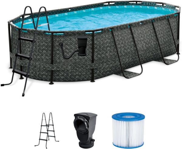 EAC5A491-CA31-B0BC-0661-952F6DE52AB1.jpg Funsicle 167 by 98 by 39.5 Inches Oasis Designer Oval Frame Outdoor Above Ground Swimming Pool Pool Set with Accessories. Dark Herringbone Gray