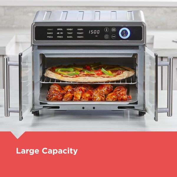 EBEFA459-8EC6-90EB-EF27-EAC2280776F1.jpg Crisp 'N Bake Air Fryer Toaster Oven Combo. 12 in 1 Countertop Convection Oven Cooks Food Fast. Fits a Whole Pizza or 6 Toast Slices. French Doors with Stainless Steel Finish